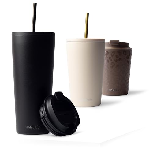 MAMEIDO Thermobecher mit Strohhalm 700 ml, Trinkbecher mit Deckel und Strohhalm aus Edelstahl doppelwandig isoliert, auslaufsicher, Coffee to go Becher (Rich Black) von MAMEIDO