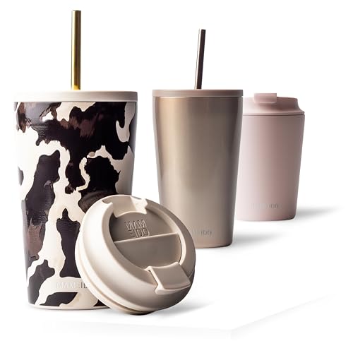 MAMEIDO Thermobecher mit Strohhalm 470 ml, Trinkbecher mit Deckel und Strohhalm aus Edelstahl doppelwandig isoliert, auslaufsicher, Coffee to go Becher (City Ranch) von MAMEIDO