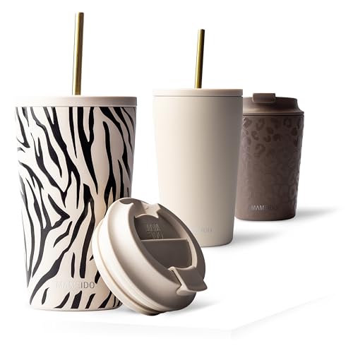 MAMEIDO Thermobecher mit Strohhalm 470 ml, Trinkbecher mit Deckel und Strohhalm aus Edelstahl doppelwandig isoliert, auslaufsicher, Coffee to go Becher (Urban Grace) von MAMEIDO