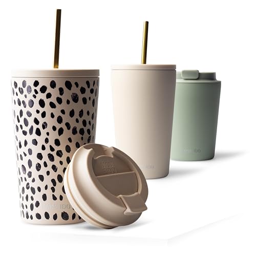 MAMEIDO Thermobecher mit Strohhalm 470ml, Trinkbecher mit Deckel und Strohhalm aus Edelstahl doppelwandig isoliert, auslaufsicher, Coffee to go Becher (Almond Flakes, 0,47l) von MAMEIDO