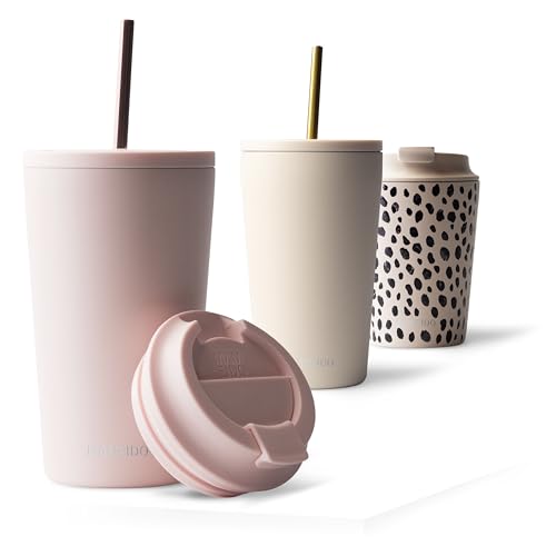 MAMEIDO Thermobecher mit Strohhalm 470 ml, Trinkbecher mit Deckel und Strohhalm aus Edelstahl doppelwandig isoliert, auslaufsicher, Coffee to go Becher (Blush Kissed) von MAMEIDO
