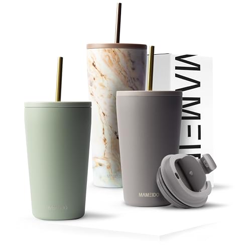 MAMEIDO Thermobecher mit Strohhalm 470ml & 700ml - Trinkbecher mit Deckel und Strohhalm aus Edelstahl doppelwandig isoliert, auslaufsicher - Coffee to go Becher (Desert Sage, 0,47l) von MAMEIDO