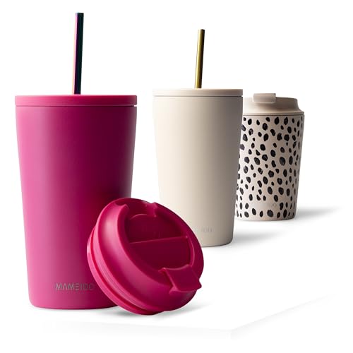 MAMEIDO Thermobecher mit Strohhalm 470ml, Trinkbecher mit Deckel und Strohhalm aus Edelstahl doppelwandig isoliert, auslaufsicher, Coffee to go Becher (Glow Couture, 0,47l) von MAMEIDO