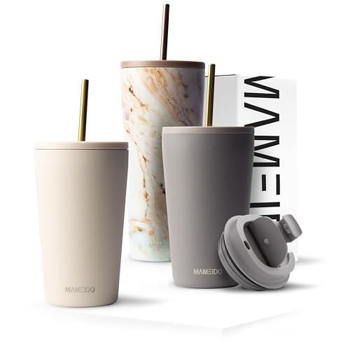 MAMEIDO Thermobecher mit Strohhalm 470ml & 700ml - Trinkbecher mit Deckel und Strohhalm aus Edelstahl doppelwandig isoliert, auslaufsicher - Coffee to go Becher (Ivory Beige, 0,47l) von MAMEIDO