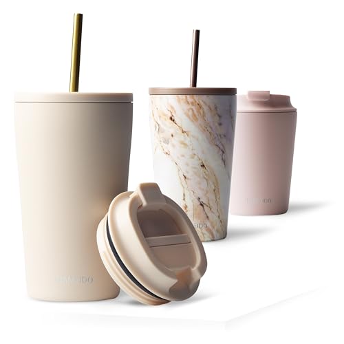 MAMEIDO Thermobecher mit Strohhalm 470 ml, Trinkbecher mit Deckel und Strohhalm aus Edelstahl doppelwandig isoliert, auslaufsicher, Coffee to go Becher (Ivory Beige) von MAMEIDO