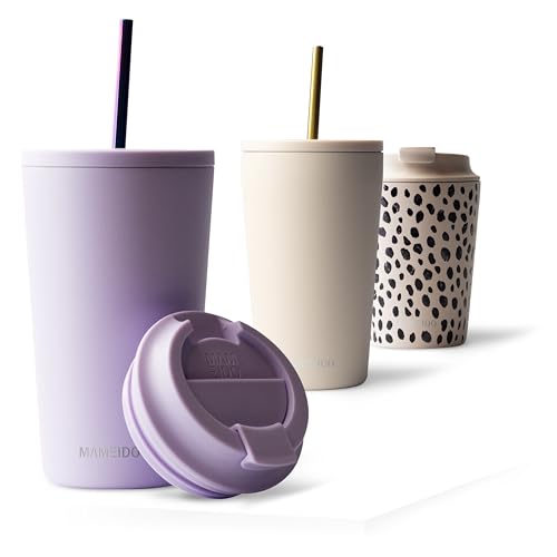 MAMEIDO Thermobecher mit Strohhalm 470 ml, Trinkbecher mit Deckel und Strohhalm aus Edelstahl doppelwandig isoliert, auslaufsicher, Coffee to go Becher (Lavender Haze) von MAMEIDO