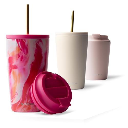 MAMEIDO Thermobecher mit Strohhalm 470 ml, Trinkbecher mit Deckel und Strohhalm aus Edelstahl doppelwandig isoliert, auslaufsicher, Coffee to go Becher (Random Paintress) von MAMEIDO