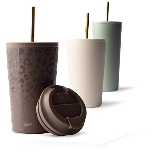 MAMEIDO Thermobecher mit Strohhalm 470 ml, Trinkbecher mit Deckel und Strohhalm aus Edelstahl doppelwandig isoliert, auslaufsicher, Coffee to go Becher (Wild Allure) von MAMEIDO