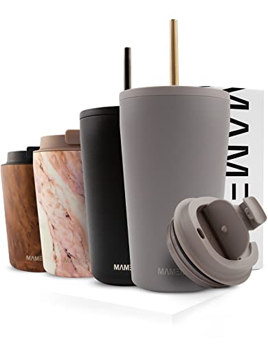 MAMEIDO Thermobecher mit Strohhalm 470ml & 700ml - Trinkbecher mit Deckel und Strohhalm aus Edelstahl doppelwandig isoliert, auslaufsicher - Coffee to go Becher (Taupe Grey, 0,47l) von MAMEIDO