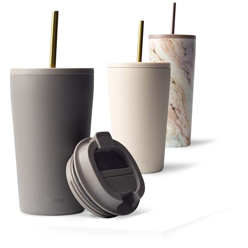 MAMEIDO Thermobecher mit Strohhalm 470 ml, Trinkbecher mit Deckel und Strohhalm aus Edelstahl doppelwandig isoliert, auslaufsicher, Coffee to go Becher (Taupe Grey) von MAMEIDO