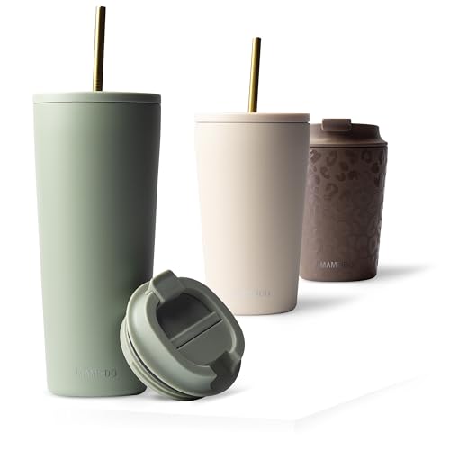 MAMEIDO Thermobecher mit Strohhalm 700 ml, Trinkbecher mit Deckel und Strohhalm aus Edelstahl doppelwandig isoliert, auslaufsicher, Coffee to go Becher (Desert Sage) von MAMEIDO