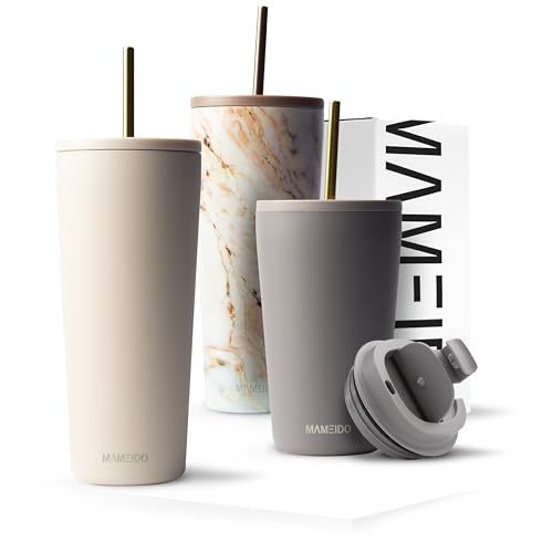 MAMEIDO Thermobecher mit Strohhalm 700ml & 470ml - Trinkbecher mit Deckel und Strohhalm aus Edelstahl doppelwandig isoliert, auslaufsicher - Coffee to go Becher (Ivory Beige, 0,7l) von MAMEIDO