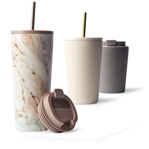 MAMEIDO Thermobecher mit Strohhalm 700 ml, Trinkbecher mit Deckel und Strohhalm aus Edelstahl doppelwandig isoliert, auslaufsicher, Coffee to go Becher (Pearl Marble) von MAMEIDO