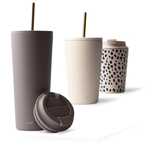 MAMEIDO Thermobecher mit Strohhalm 700 ml, Trinkbecher mit Deckel und Strohhalm aus Edelstahl doppelwandig isoliert, auslaufsicher, Coffee to go Becher (Taupe Grey) von MAMEIDO