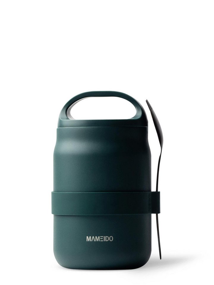 MAMEIDO Thermobehälter, Edelstahl, Kunststoff, Silikon, mit Deckel, integriertem Henkel & Gabel-Löffel-Besteck in 500 & 800 ml von MAMEIDO