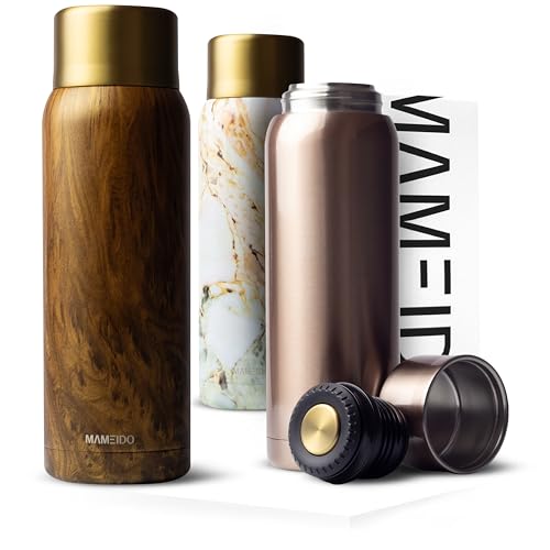 MAMEIDO Thermoskanne 1l mit Becher aus Edelstahl, Isolierkanne bis zu 12h heiß, auslaufsichere Thermosflaschen 100% BPA frei, Kaffee & Tee unterwegs (Oak Wood Gold, 1000ml) von MAMEIDO