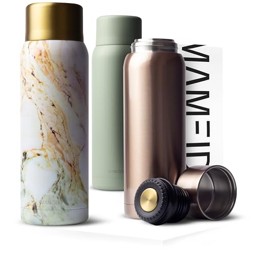 MAMEIDO Thermoskanne 1l mit Becher aus Edelstahl, Isolierkanne bis zu 12h heiß, auslaufsichere Thermosflaschen 100% BPA frei, Kaffee & Tee unterwegs (Pearl Marble Gold, 1000ml) von MAMEIDO