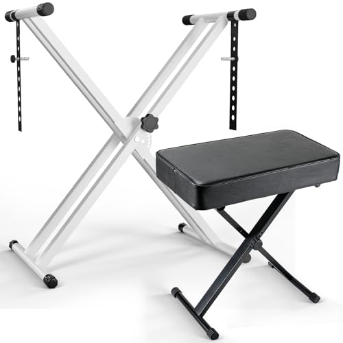 Keyboard Ständer und Klavierhocker Höhenverstellbar, Keyboardständer mit Keyboard Hocker Klappbar,Doppel X-Frame,Höhe Verstellbar, Dickes Kissen, Klavierständer mit Hocker Tragfähigkeit 100KG,Weiß von MAMIZO