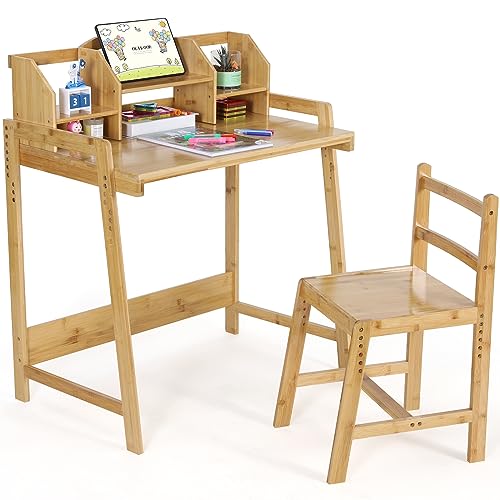 Kinderschreibtisch Höhenverstellbar, Kinder Schreibtisch mit Stuhl, Bambus Holz Schreibtisch, Schülerschreibtisch mit Buchhalterung Stauraum, Schreibtisch Set für Kinder Mädchen, Natürliche Farbe von MAMIZO