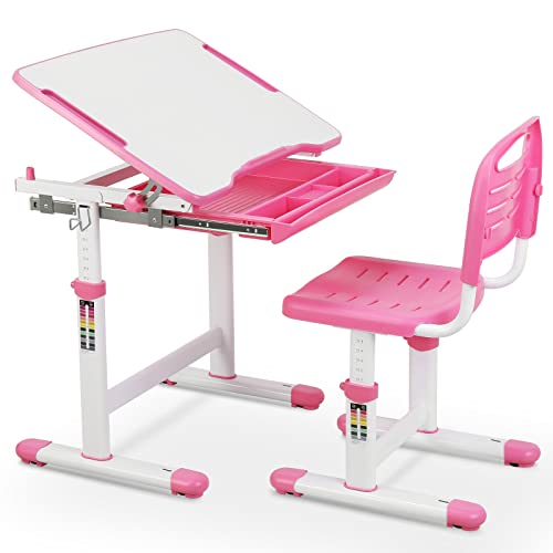 MAMIZO Kinderschreibtisch Stuhl Höhenverstellbar, Kindertisch Stuhl Set mit neigbarer Tischplatte,Schreibtisch Kinder Mädchen & Jungs, Jugendschreibtisch mit Schublade (Rosa) von MAMIZO