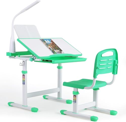 Kinderschreibtisch und Stuhl Set,Höhenverstellbarer Kinder Schreibtisch Stuhl,Schülerschreibtisch,Schreibtisch und Stuhl Set,Jugendschreibtisch Multifunktionaler mit Stuhl,Lampe und LesestäNder (Grün) von MAMIZO