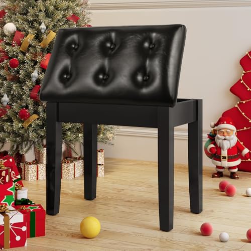 Klavierhocker, Klavierbank 55x35x49CM, Klavierstuhl mit Stauraum, Pianobank mit 4CM Dickes PU-Lederkissen, Massivholz Keyboardbank, Piano Bench Klavier Hocker bis 150KG Belastbar, Schwarz von MAMIZO