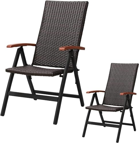 MAMIZO 2 Klappstühle aus Rattan, 5 Fach Verstellbarer Stuhl, Aluminium-Garten-Außenstuhl mit Armlehnen, Garten, Camping, Schwimmbad, Balkon (2-Fach, braun) von MAMIZO