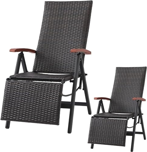 MAMIZO 2-Teiliges Rattan-Klappstuhl Set, 7-Fach Verstellbarer Stuhl, Aluminium-Garten-Außenstuhl mit Armlehnen, Garten, Camping, Schwimmbad, Balkon (55.5cm X 66cm X 217cm) von MAMIZO