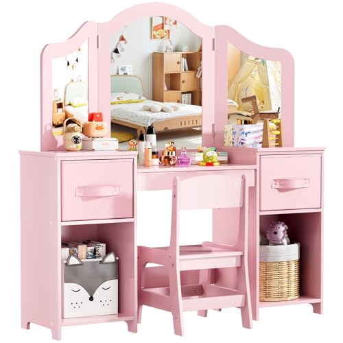 MAMIZO 2 in 1 Schminktisch Kinder Set, Kinderschminktisch mit Abnehmbarem Spiegel, Schminktisch für Mädchen, Schreibtisch mit Hocker, 2PCS Stoffschubladen, Prinzessin Frisiertisch Holz, Rosa von MAMIZO