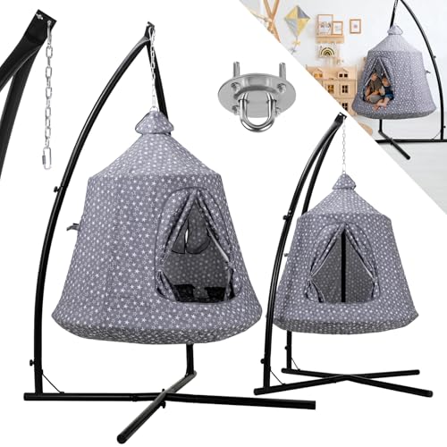 MAMIZO Hängehöhle mit Gestell,Hängesessel for Indoor & Outdoor,Hänge Spielzelt,Garten,Camping Hängezelt,Hängematte int LED-Leuchten,Hängezelt mit aufblasbarem Kissen,150kg Kapazität(Grau) von MAMIZO