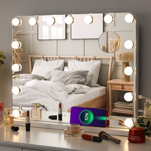 MAMIZO Hollywood Spiegel 58x46 cm, Schminkspiegel mit Beleuchtung, 15LED, 3 Lichtfarben, Enstellbare Helligkeit, mit USB und Abnehmbare Lupe Kosmetikspiegel mit Licht,Wandspiegel, Tischspiegel- Weiß von MAMIZO