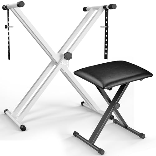 MAMIZO Keyboardständer mit Hocker, Höhenverstellbar Keyboard Ständer und Keyboard Hocker, Doppel X-Frame Keyboard Stand Klavierhocker Set, Klappbar Keyboardstativ Keyboardbank für E-Piano, Weiß von MAMIZO