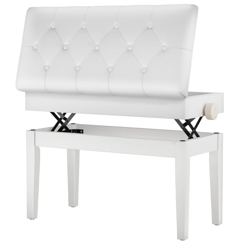 MAMIZO Klavierhocker Höhenverstellbar 72x33x48-58CM, Pianobank mit Stauraum, Klavierbank mit PU Lederkissen, Keyboardbank Klavierstuhl Piano Bench bis 200KG Belastbar, mit 4 PCS Beinen, Weiß von MAMIZO