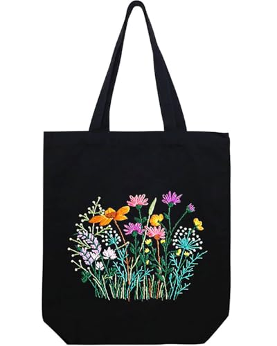 Stickerei Set für Leinen-Tragetaschen, Stickset Tragetasche mit Muster und Anleitung für Anfänger, Schwarz Tote Bag Stickset mit Blumenmuster Farbfäden Stickrahmen und Werkzeug für DIY Kunst, Handwerk Stickerei Set für Leinen-Tragetaschen, Stickset Tragetasche mit Muster und Anleitung für Anfänger, Schwarz Tote Bag Stickset mit Blumenmuster Farbfäden Stickrahmen und Werkzeug für DIY Kunst, Handwerk von MAMUNU