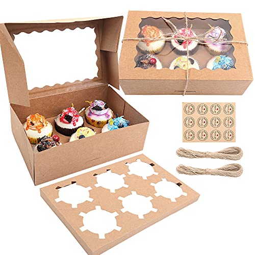 Cupcake Boxen 6er, 10 Stück Cupcake Muffin Box mit Transparentem Sichtfenster und Einsätzen, Patisserieschachteln Kartonbox Kartonschachtel mit Seil und Stickern zum Tortendekorieren, Gebäck, Kekse von MAMUNU