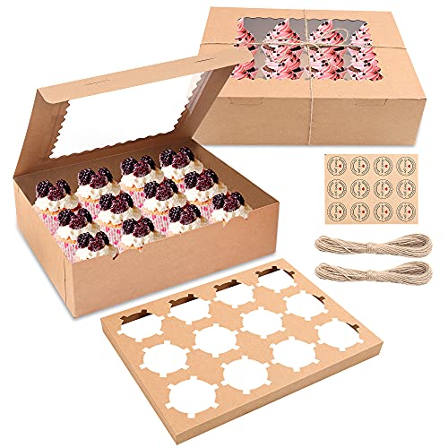 MAMUNU 10 Stück 12er Cupcake Muffin Box mit Fenster und Einsätzen, Cupcake-Box Muffin Box mit Seil und Stickern(Brown) von MAMUNU
