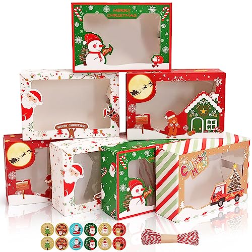 MAMUNU 12 Stück Weihnachts-Kekskästen Boxen, Keksdosen mit Fenster buntes Muster mit Aufkleber und Seil, für Weihnachtsfeier Brownies Süßigkeiten Kekse, 22.5x15.5x7CM von MAMUNU