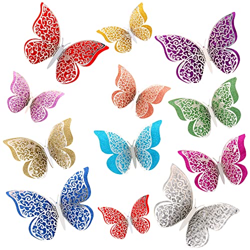 MAMUNU 24 Stück 3D Schmetterlinge Deko, Schmetterlinge Wanddeko für Fenster Möbel Schlafzimmer Basteln Geburtstag Hochzeit Party, 3 Größe Schmetterlinge Wandtattoo mit Doppelflügem, Silber von MAMUNU