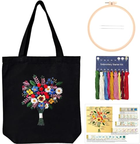 Stickset aus Segeltuch mit Blumenmuster, Kreuzstich für Anfänger und Erwachsene, Starter-Set mit Reifen, Fäden und Anleitung (evtl. nicht in deutscher Sprache) von MAMUNU