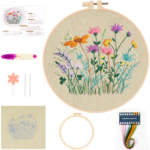 Stickset für Anfänger und Erwachsene, geprägte vorgedruckte Stickerei-Starter-Sets mit Blumenmuster, vollständige Palette von Blumen-Kreuzstich-Sets mit farbigen Fäden, Nadeln, Stickrahmen-Anleitung von MAMUNU