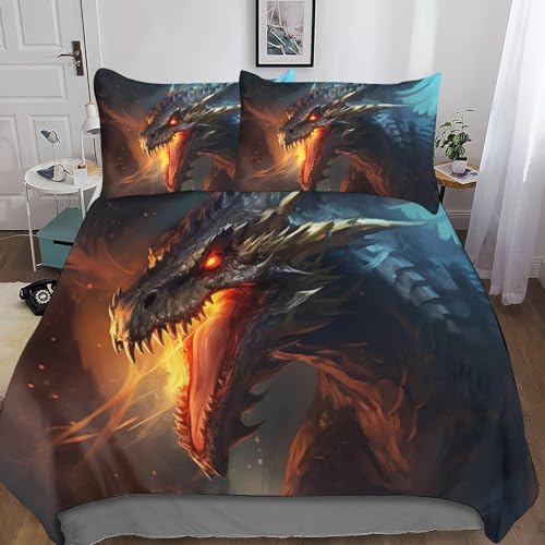 MANBUREN Drache Bettwäsche 3D Fantasy Bettbezug Set 3teilig Wendebettwäsche Microfaser Bettwäschegarnitur Mit Gedruckt Reissverschluss Double（200x200cm） von MANBUREN