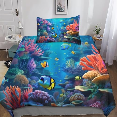 MANBUREN Unterwasser 3D Bettwäsche Muster Mikrofaser Ocean Landscape Bettbezug Mit Reißverschluss Und Kissenbezug Single（135x200cm） von MANBUREN