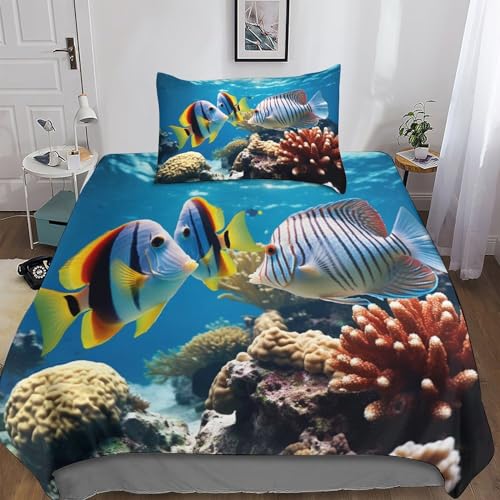 MANBUREN Unterwasser 3D Bettwäsche Muster Mikrofaser Ocean Landscape Bettbezug Mit Reißverschluss Und Kissenbezug Single（135x200cm） von MANBUREN