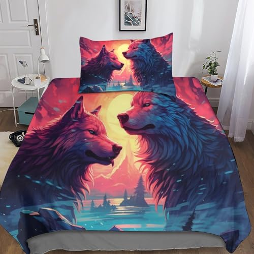 MANBUREN Wolf Bettwäsche 3D Animals Bettbezug Set 3teilig Wendebettwäsche Microfaser Bettwäschegarnitur Mit Gedruckt Reissverschluss Single（135x200cm） von MANBUREN