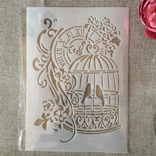 Schablonen für Kartenherstellung, A4, 29 cm, Vintage-Uhr, Vogelkäfig-Schablonen zum Malen auf Holz, Wänden, Möbeln, Leinwand, Stoff, Felsen, Karten, Album, Papier, Scrapbook-Dekoration von MANGOUSONG