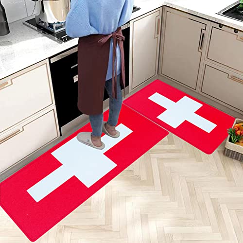 Küchenteppich-Sets 2-teiliges Küchen-Fußmatten-Set,Rote Schweizer Schweizer Flagge Schweiz Proportionen genau messen und Kreuz f,Wasserdichte Küchenläufer-Matten-Teppich-Fußmatte für den Innenbereich von MANJIMAA