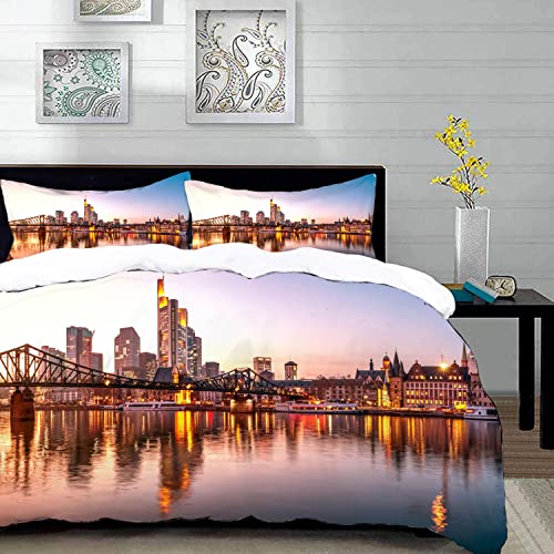 MANJIMAA Bettbezug 3-teiliges Bettwäsche-Set mit 2 Kissenbezügen, Blau Deutschland Frankfurt Am Main Skyline Eiserner Steg Landschaft,Weiche Mikrofaser-Steppdecke ,Teenager, Erwachsene mit von MANJIMAA