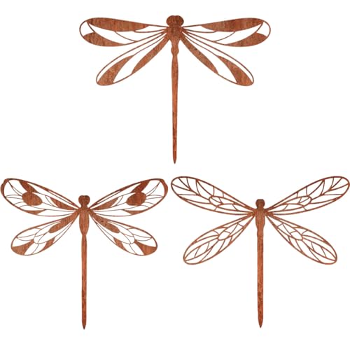 MANOPRANA 3 StüCk Gartenstecker Rost Rostdeko Gartendeko FüR DraußEn Garten Deko FüR DraußEn Wetterfest Rost Deko FüR Garten Terrasse Balkon Oder Blumentopf（Libellen） von MANOPRANA
