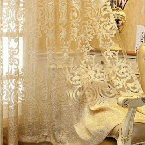 MANQILE Goldene Stickerei-Tüllvorhänge für das Wohnzimmer. Romantische, halbdurchsichtige Jacquard-Voile-Tür- und Fenstervorhänge von MANQILE