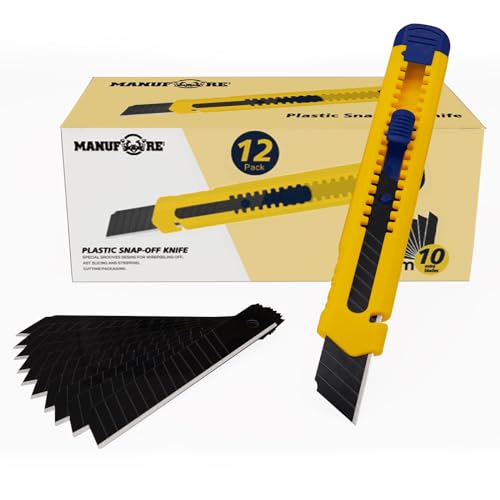MANUFORE 12 tlg 18mm Cuttermesser Set, 60 Grad Gelbes Universalmesser mit 10 Schwarz SK5 Abbrechklingen, 18mm Cutter zum Schneiden von Pappe, Karton, Teppich, Seil, Stoffe, Folien und Anderen MANUFORE 12 tlg 18mm Cuttermesser Set, 60 Grad Gelbes Universalmesser mit 10 Schwarz SK5 Abbrechklingen, 18mm Cutter zum Schneiden von Pappe, Karton, Teppich, Seil, Stoffe, Folien und Anderen von MANUFORE
